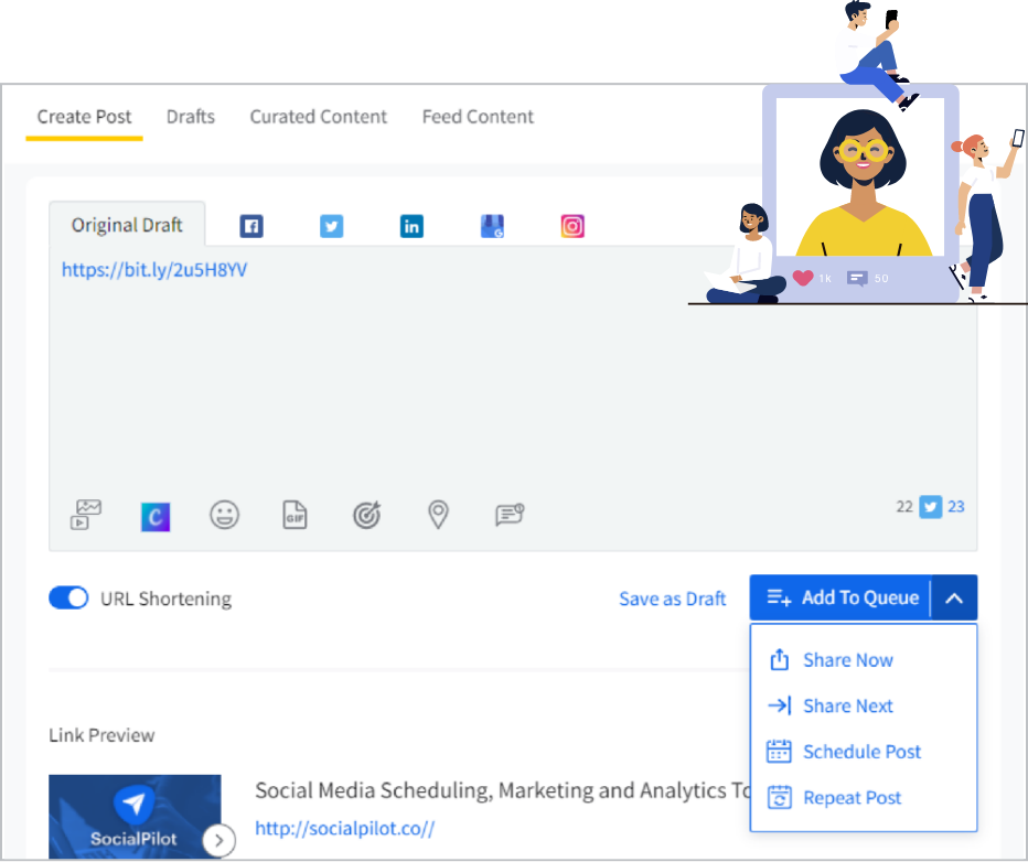 SocialPilot is an effective social media scheduling tool that you can use to plan your posts in advance.