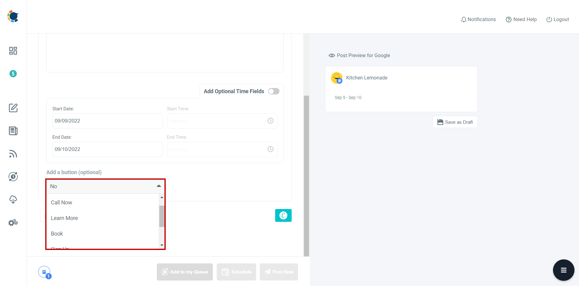 CTA buttons for Google Business posts