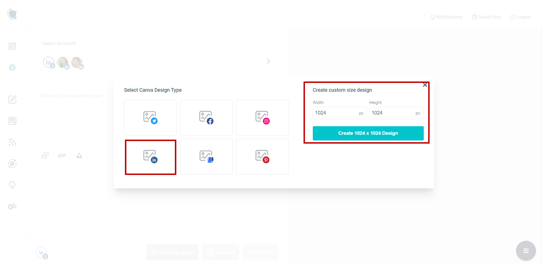 Circleboom Publish offers default size arragement options for LinkedIn 