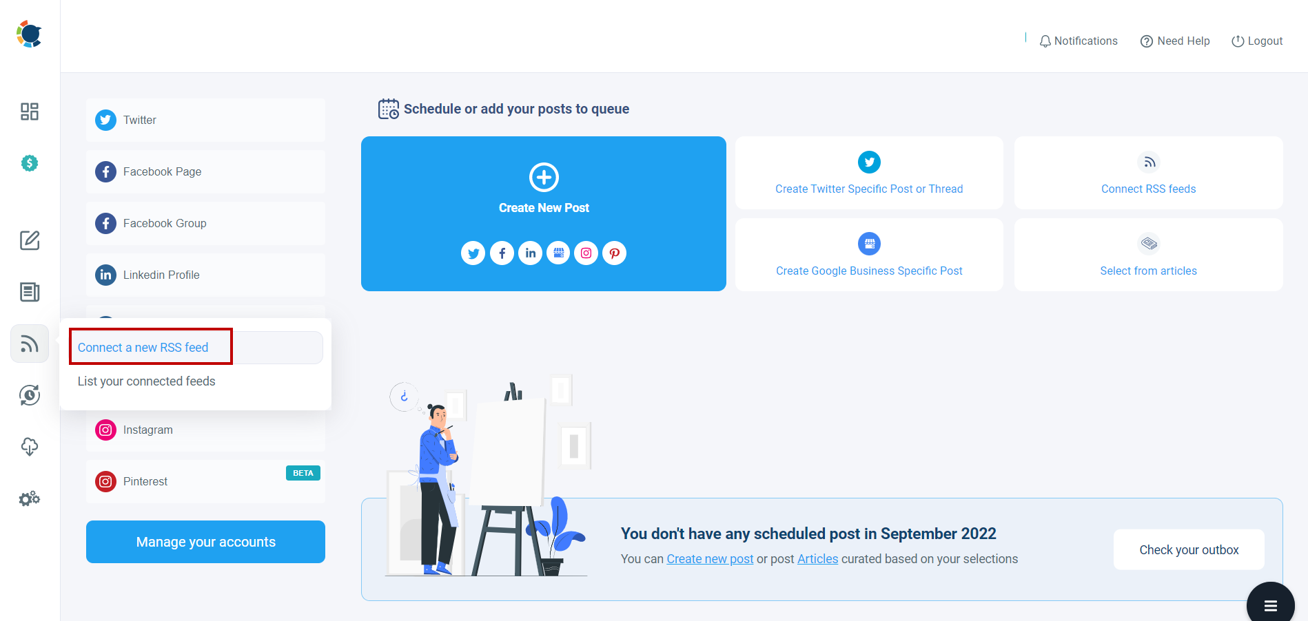 Find "Connect RSS Feeds" to link the resources with Facebook groups.