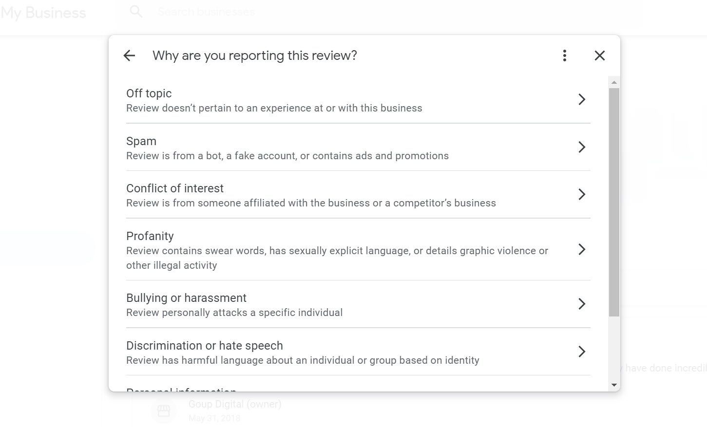 Choose the most accurate reason for why you need to delete a google review