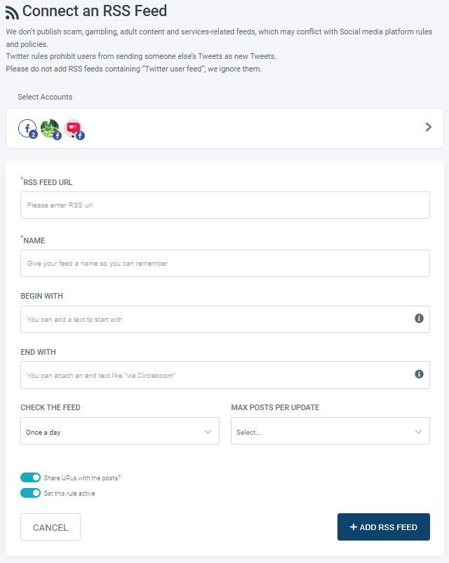 With Circleboom, you can connect multiple RSS Feeds to multiple Facebook groups and pages.