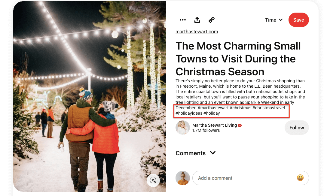 There is an example of using hashtags in Pins.
