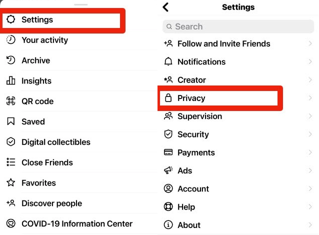 Instagram "Settings" – "Privacy"