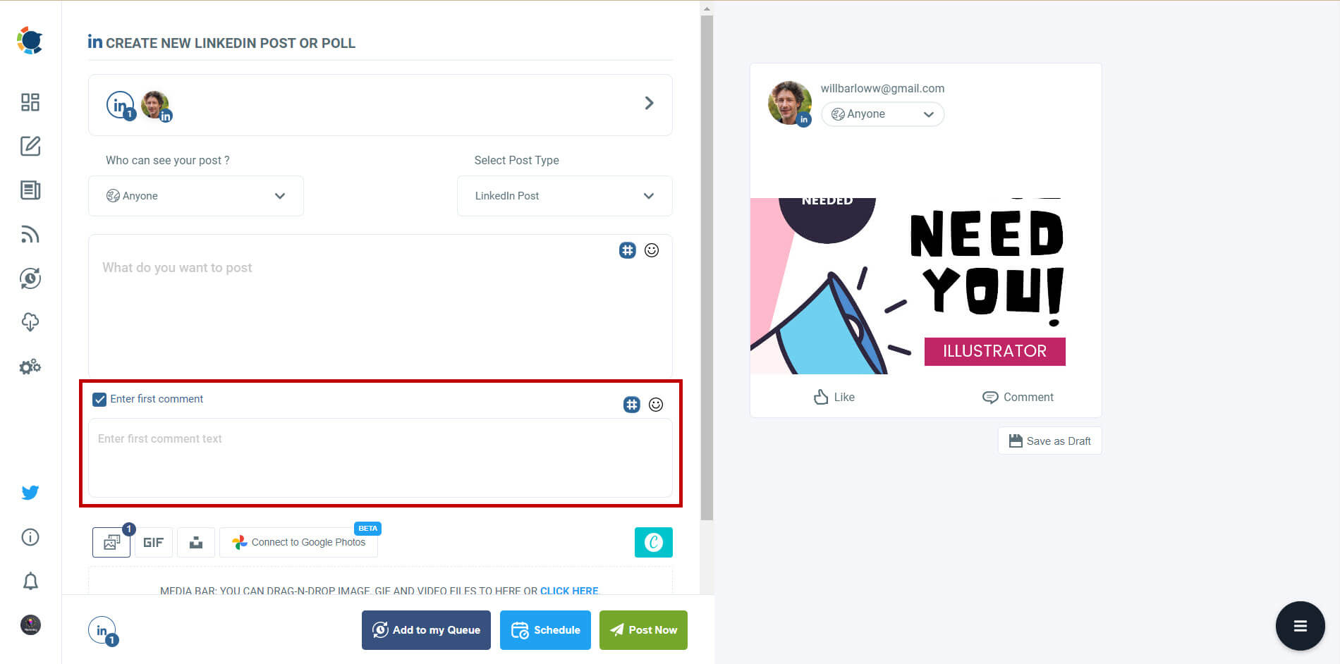 Schedule first comments on LinkedIn