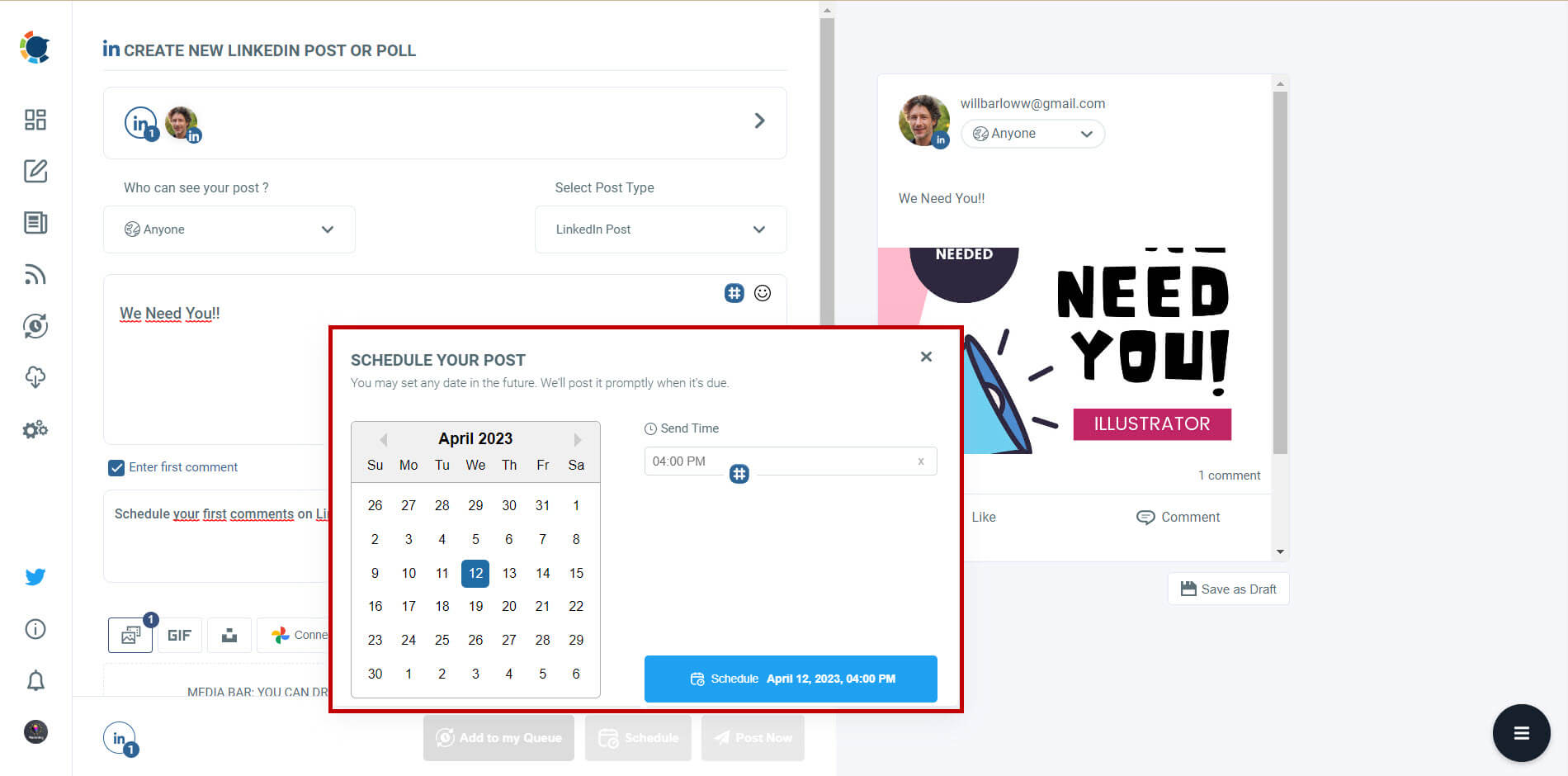 Circleboom LinkedIn scheduler with first comment option
