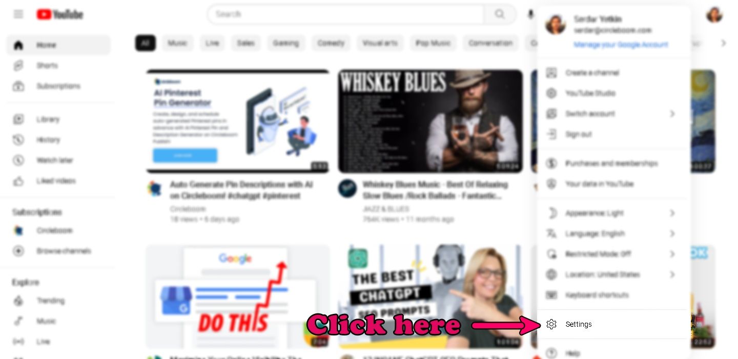 Youtube home page settings tab