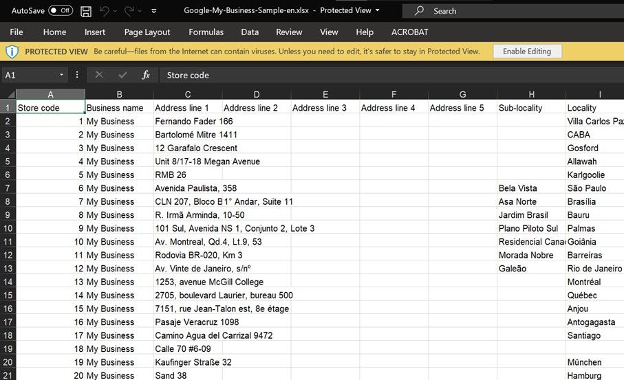 Check the Sample spreadsheet to get prepared to add multiple Google My Business locations