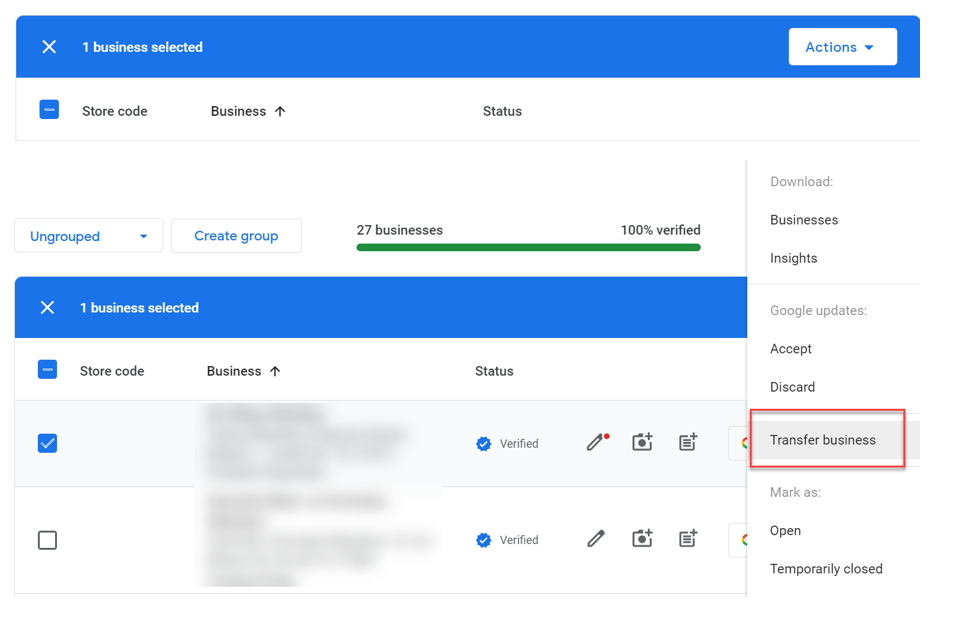 Choose the business on the box next to store code and then click "Actions" button