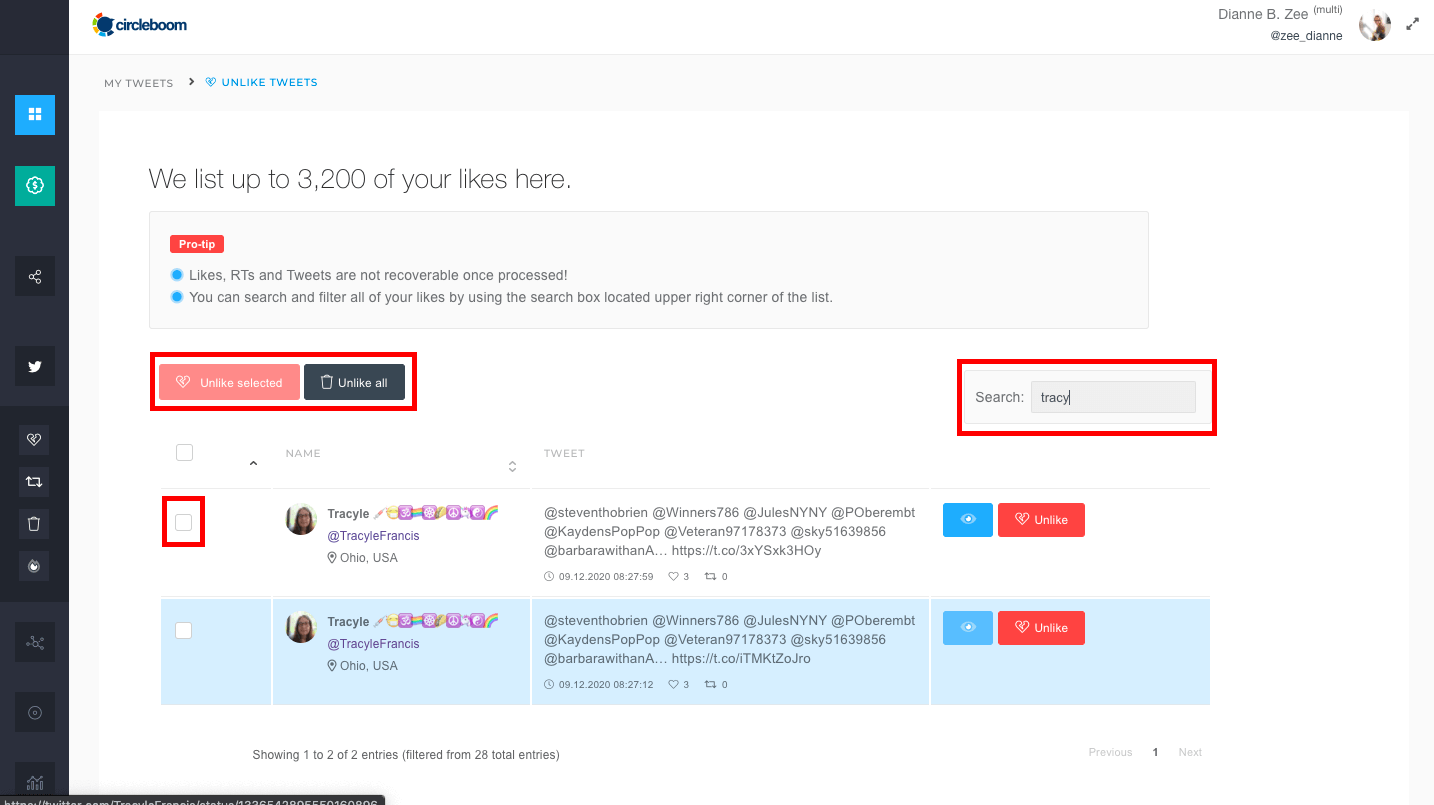 You can search for specific keywords, hashtags and people within your favorites with Circleboom. This can help you to locate and hide likes on Twitter from everyone.
