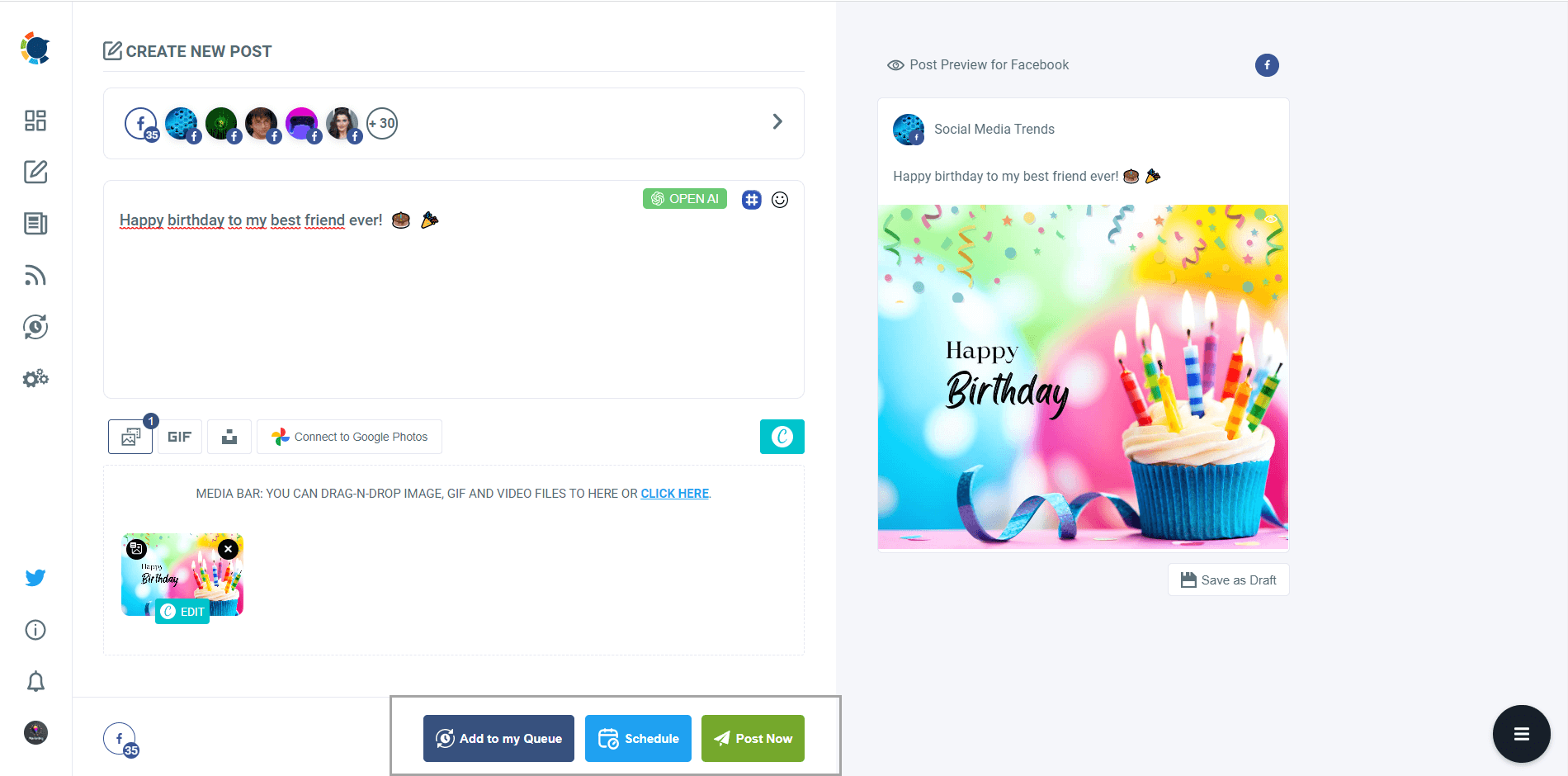 Post, schedule or add to queue your Facebook content on Circleboom
