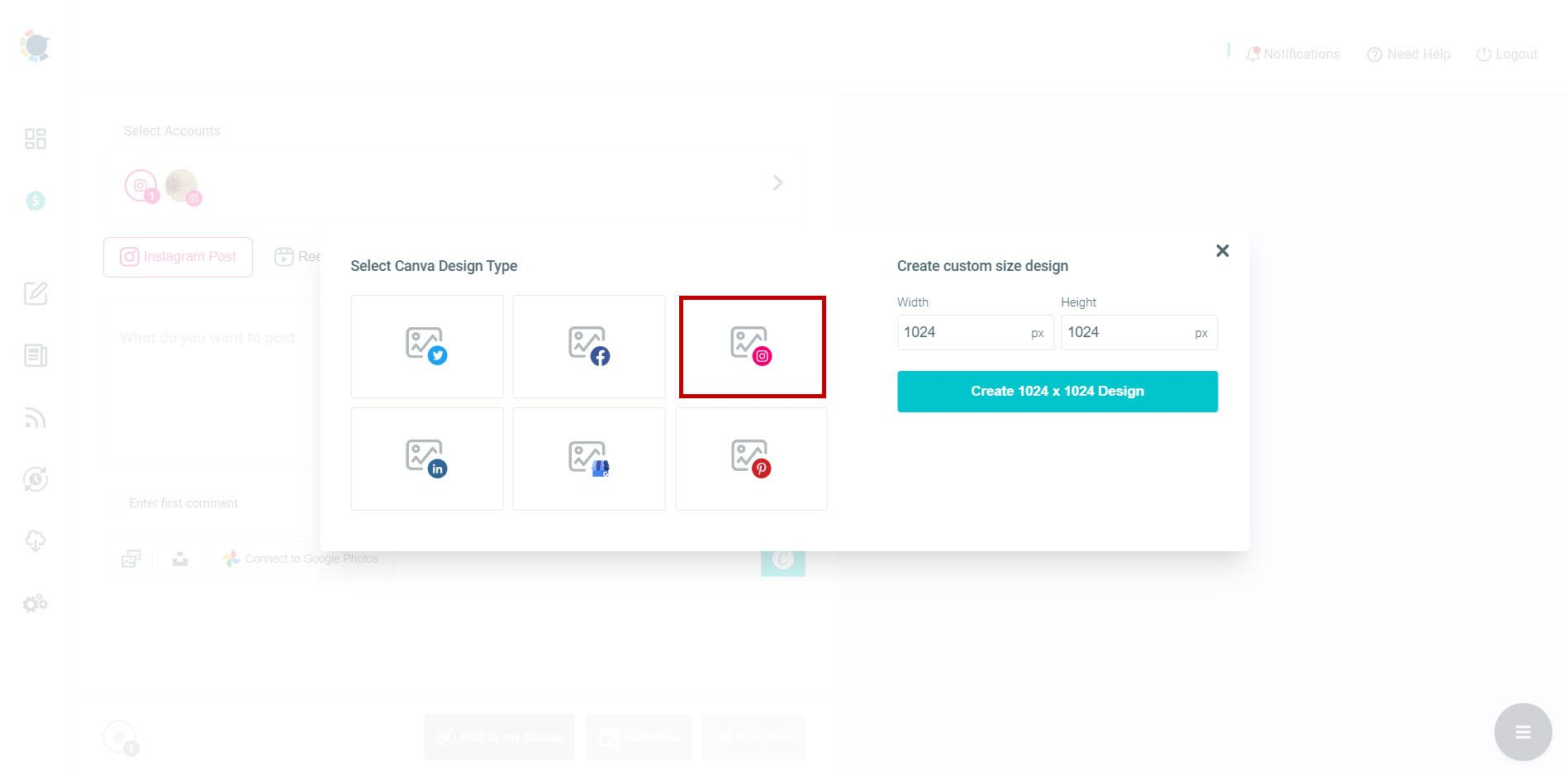 You can select auto-tailored social media post templates.