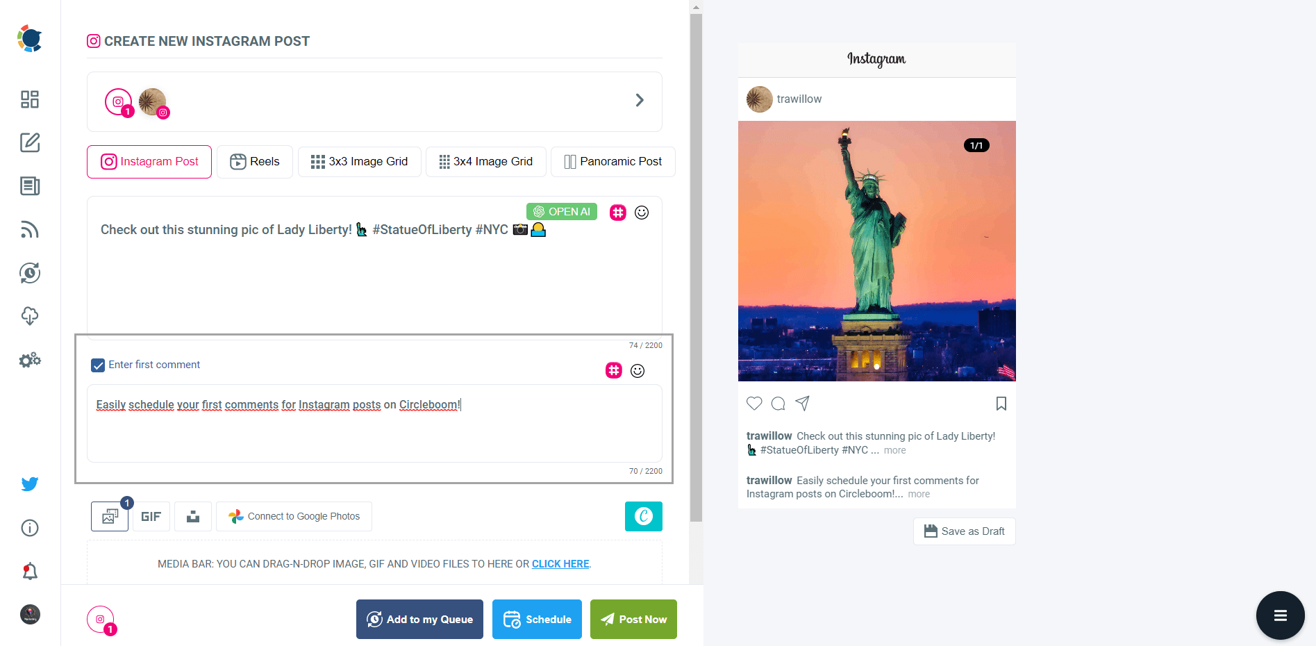 Schedule first comments for Instagram posts