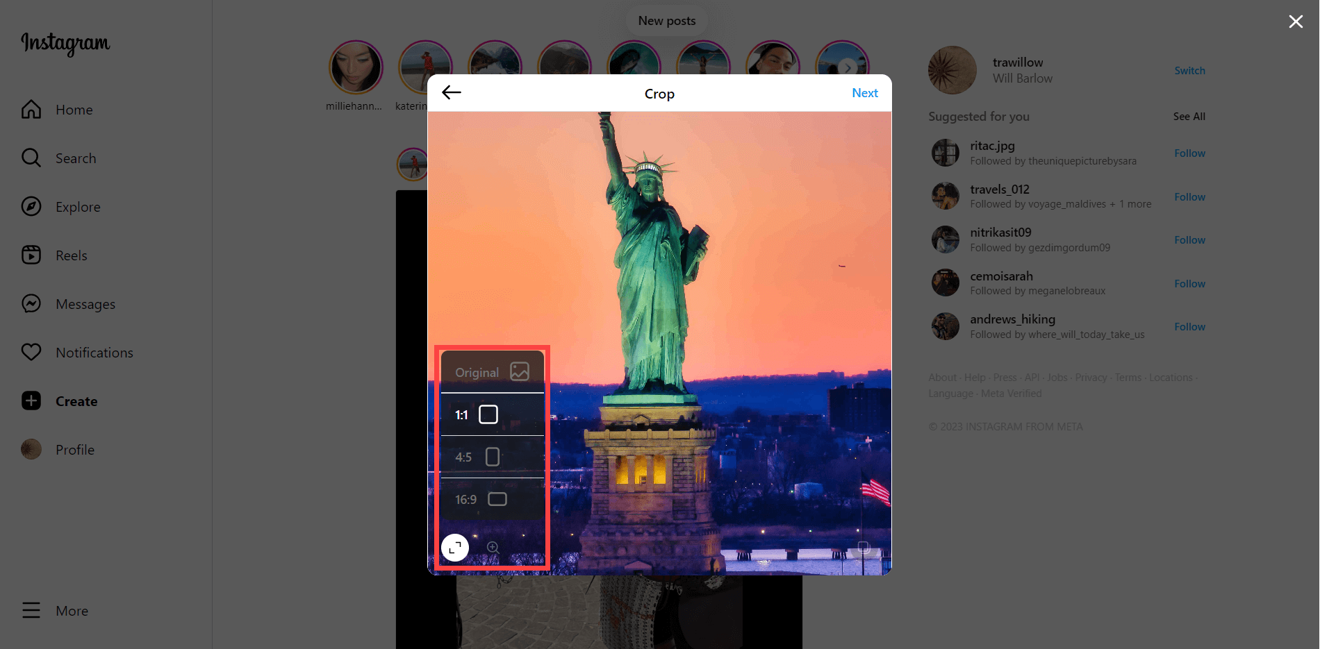 Dimension options on Instagram post
