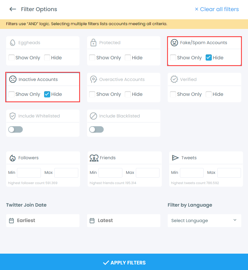 inactive and fake followers filter