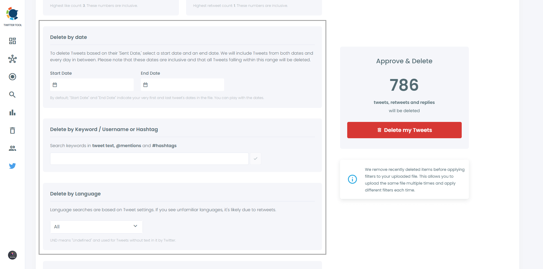 Delete tweets by keyword and date