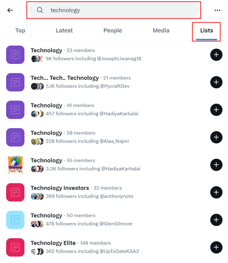 Search for Twitter lists