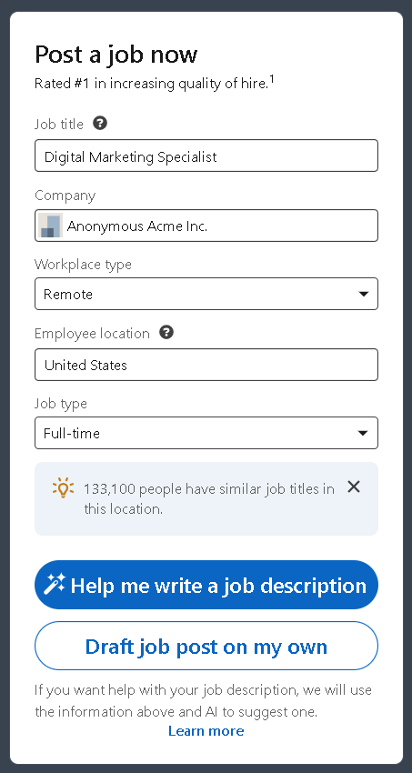 You can hide your company name to anonymously post jobs on Linkedin.