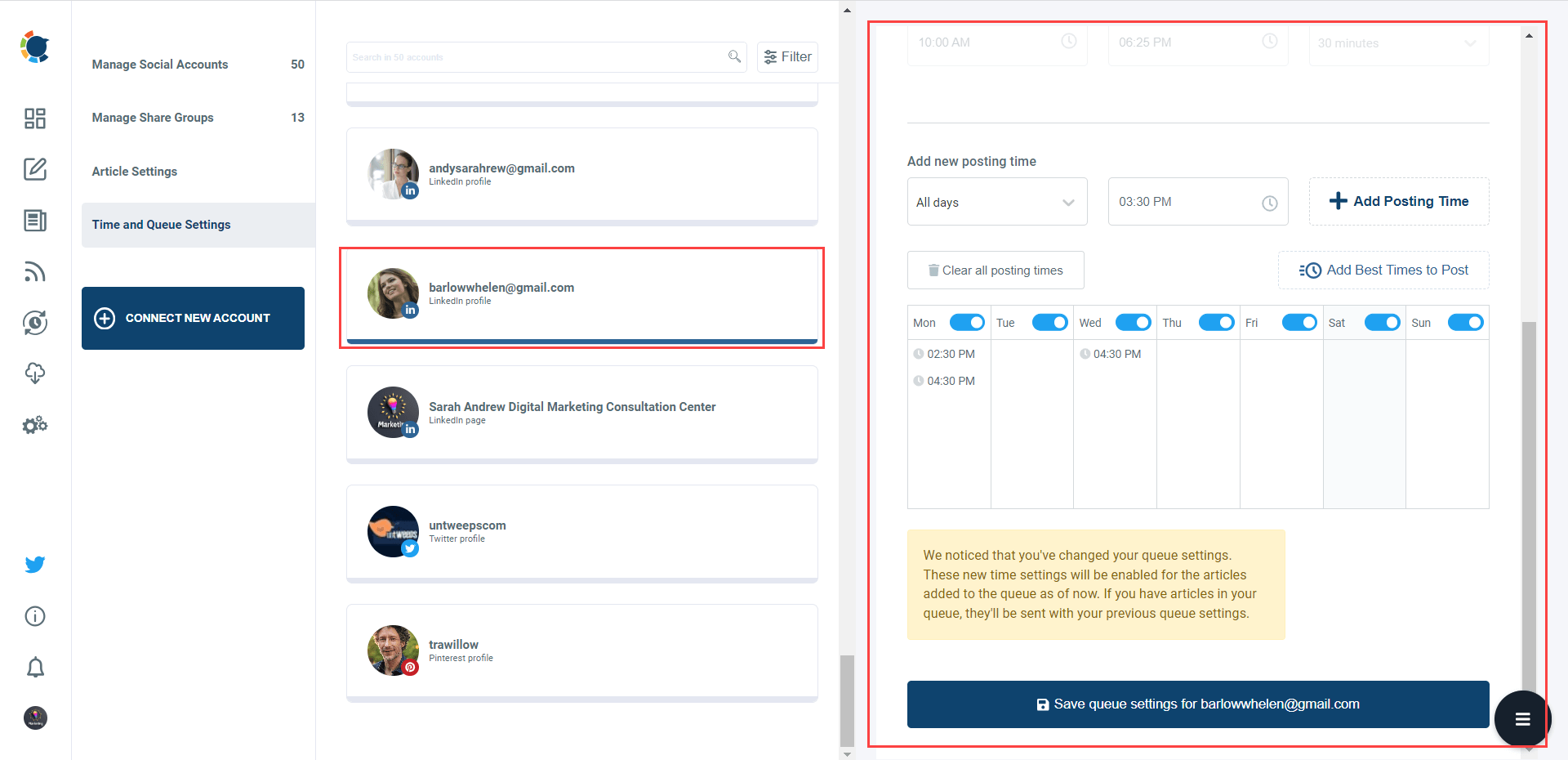 Queue settings for LinkedIn