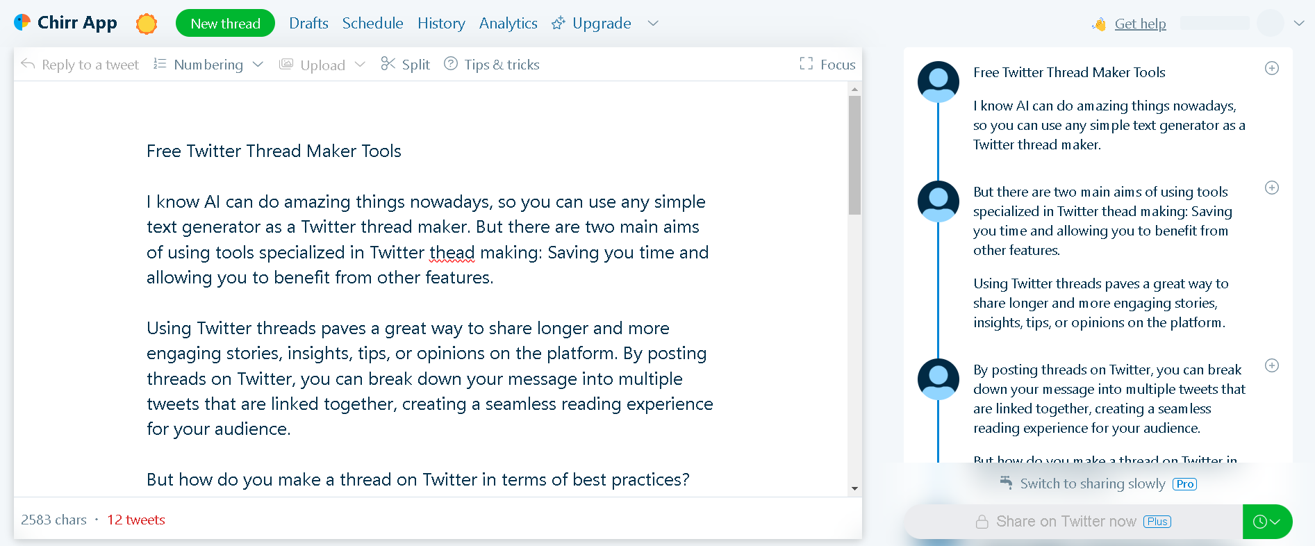 Chirr App's paid version might work well, but you can't really call it a free Twitter thread maker.