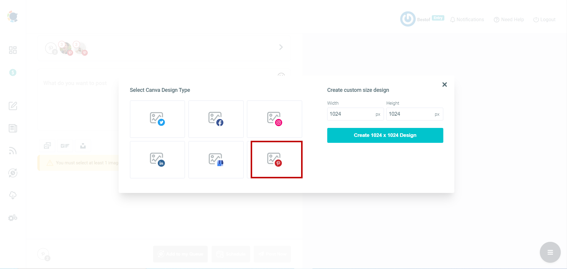 Circleboom's Canva will pick the right size for your Pinterest post.