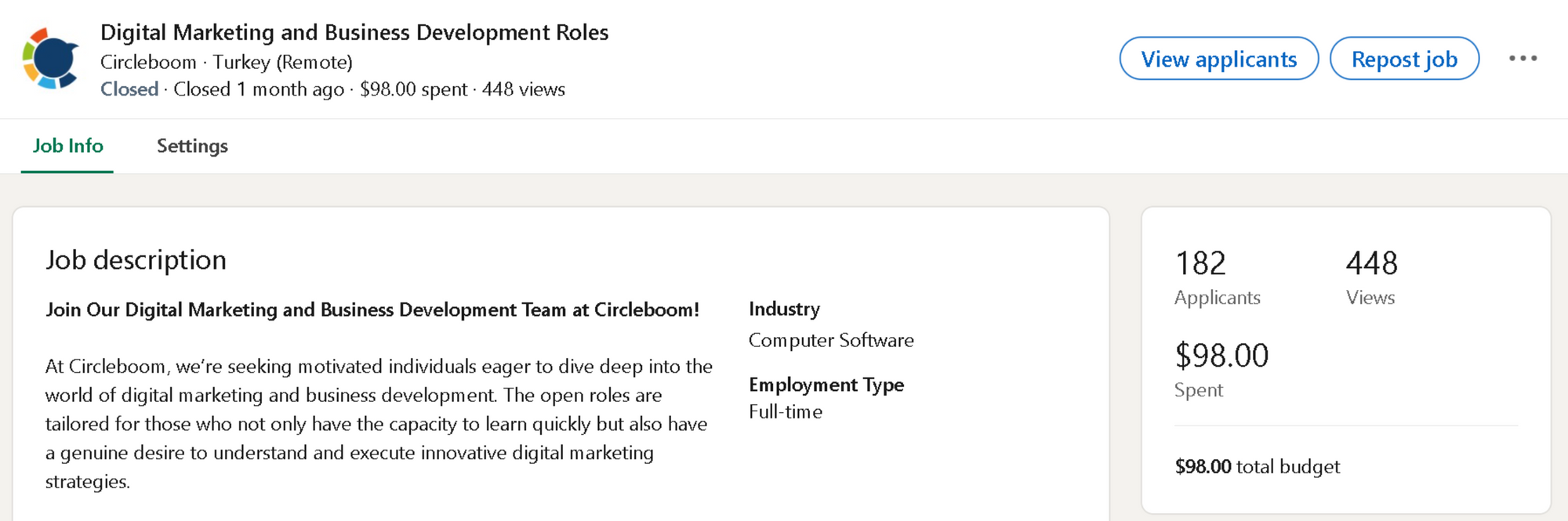Actual cost to post a job on Linkedin with promotion was around $0.81.
