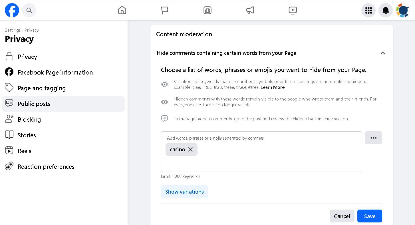 How to auto hide comments in Facebook page? By moderating your content.