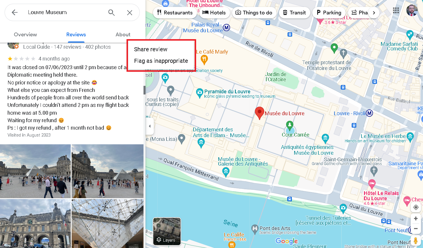 You can remove inappropriate Google Reviews.