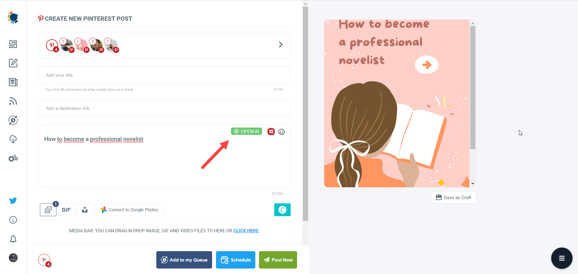Automate Pinterest pins with the power of AI through auto-generated Pinterest descriptions.