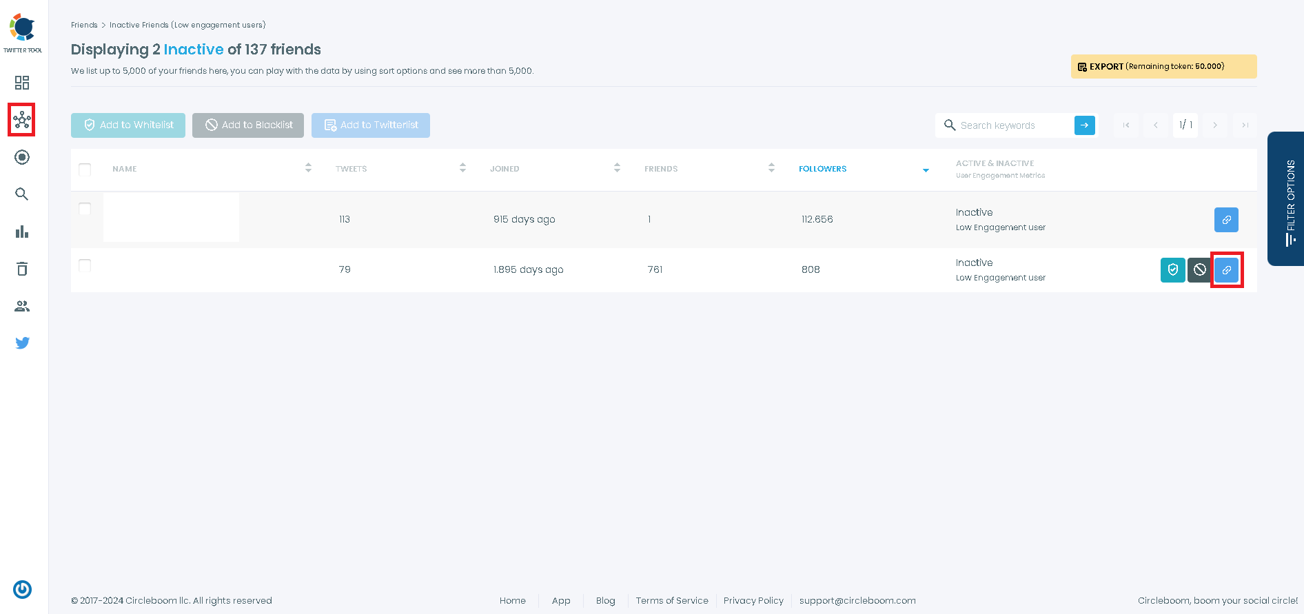 Click the blue URL icon next to each Twitter account