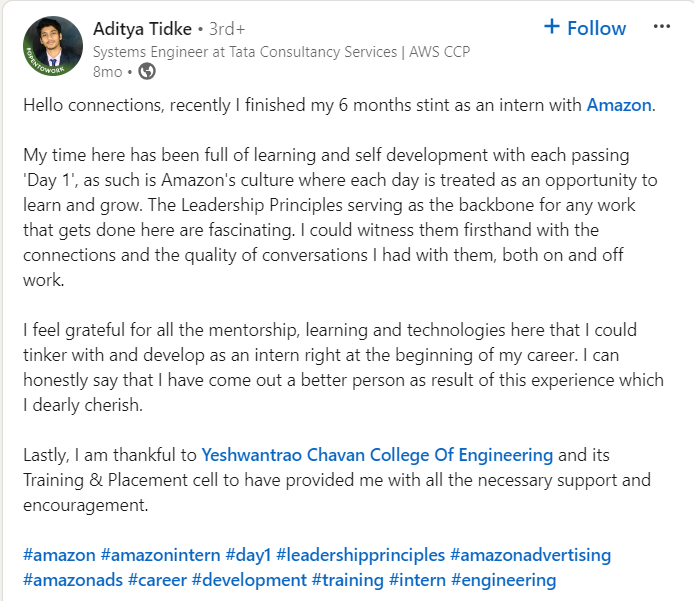 An example of internship completion post on LinkedIn