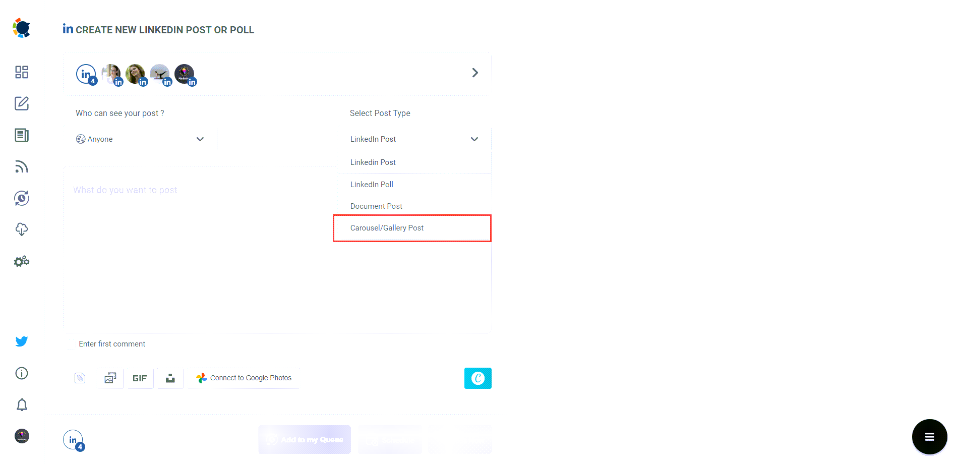 Choose your post type as LinkedIn carousel
