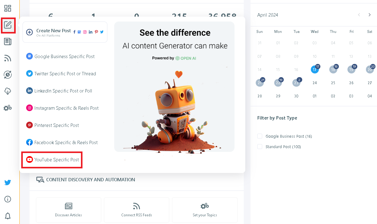 Go to Create a New Post Section from the Left Menu then Choose YouTube Specific Post