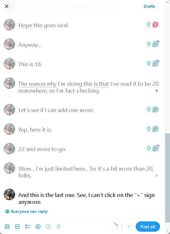 You can add 24 tweets to a single Twitter thread at once.