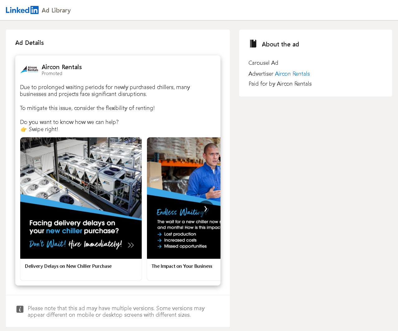 LinkedIn Carousel Ad Examples: Aircon Rentals