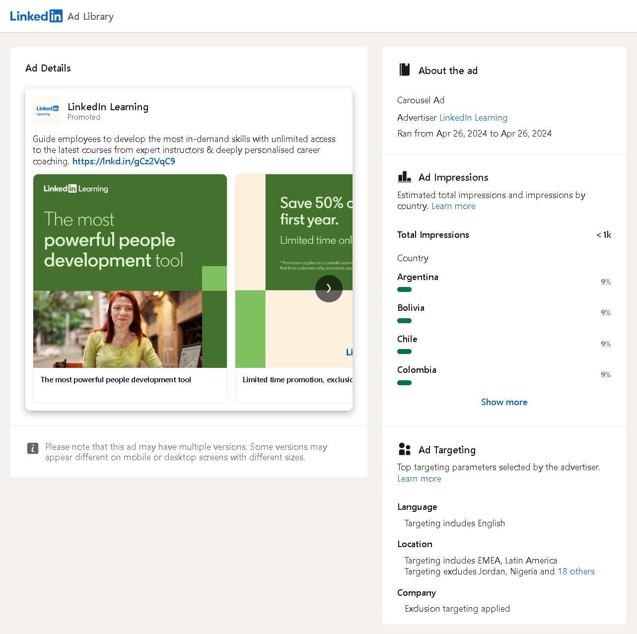 LinkedIn Carousel Ad Examples: LinkedIn Learning