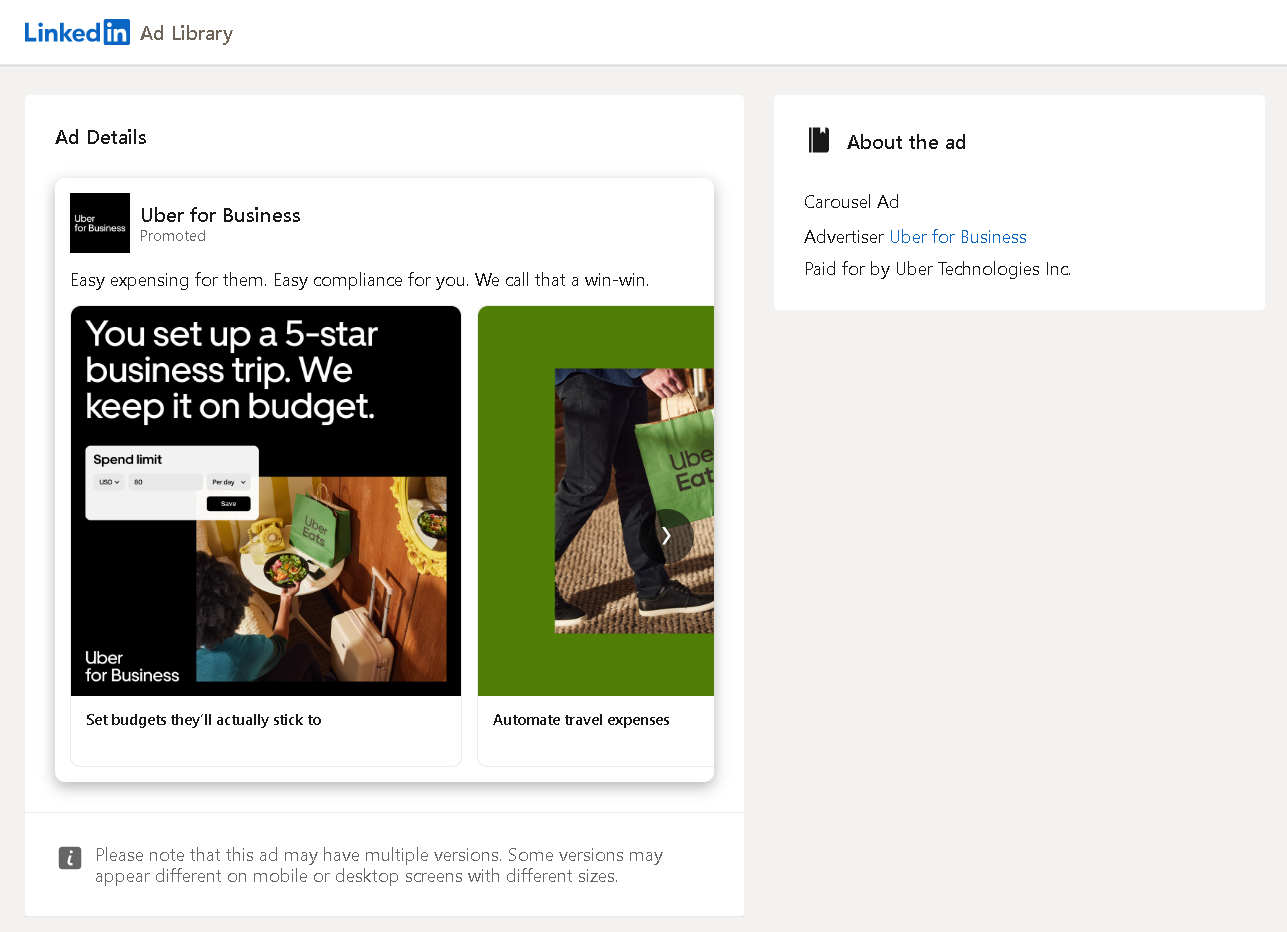 LinkedIn Carousel Ad Examples: Uber for Business
