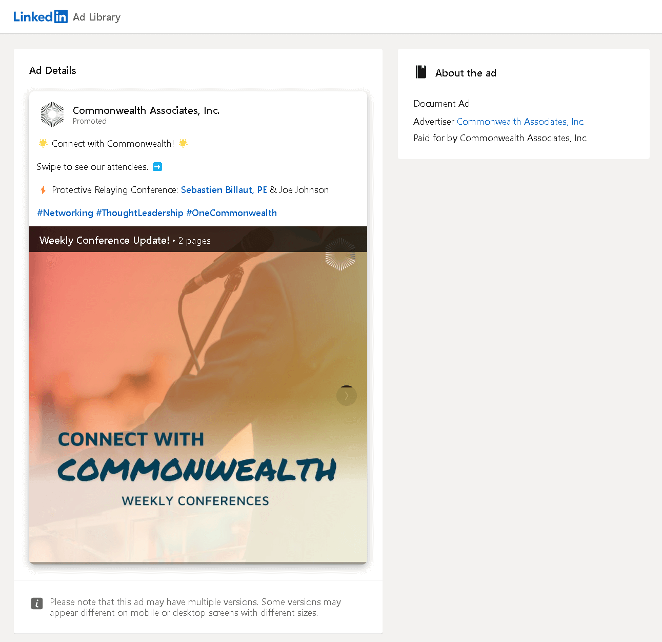 LinkedIn Document Ad Examples: Commonwealth Associates