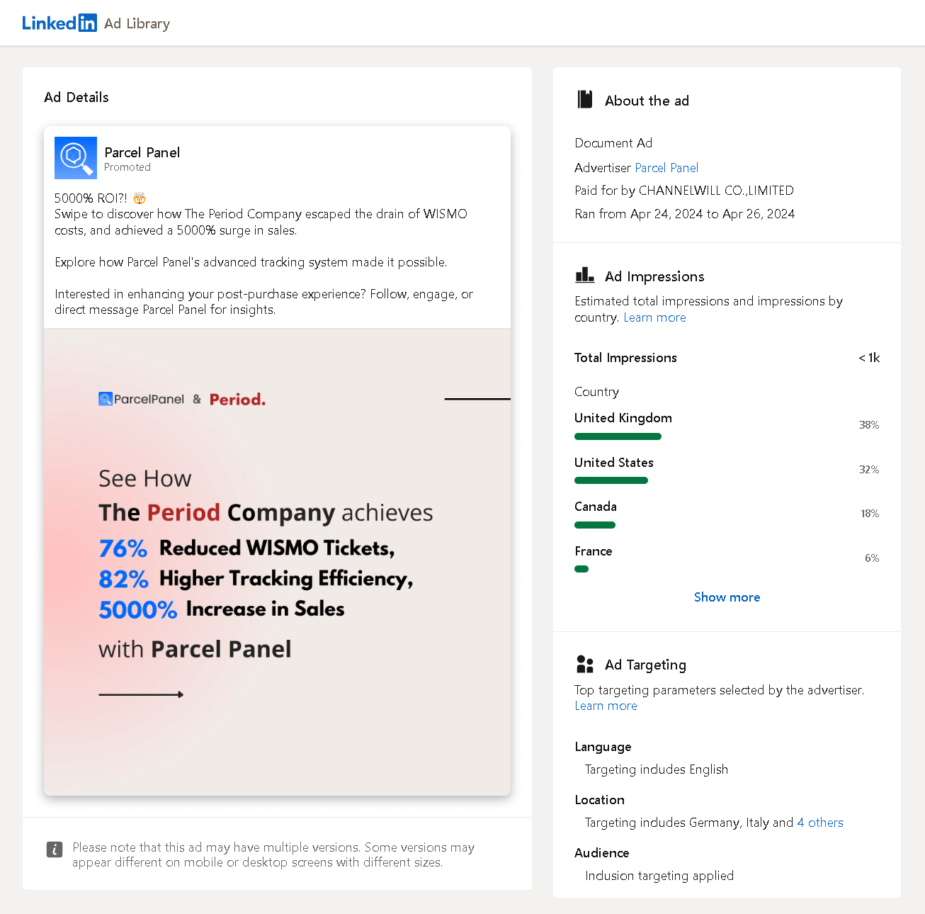 LinkedIn Document Ad Examples: Parcel Panel