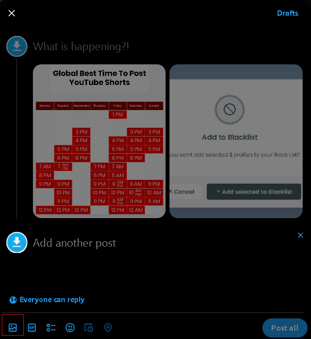 After adding the pictures, click the plus icon and continue the thread