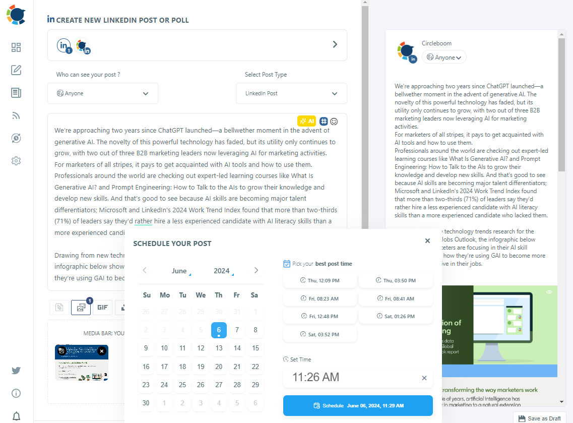 click "Schedule it" to complete the last step of Circleboom Publish's LinkedIn post-scheduling tool guide.