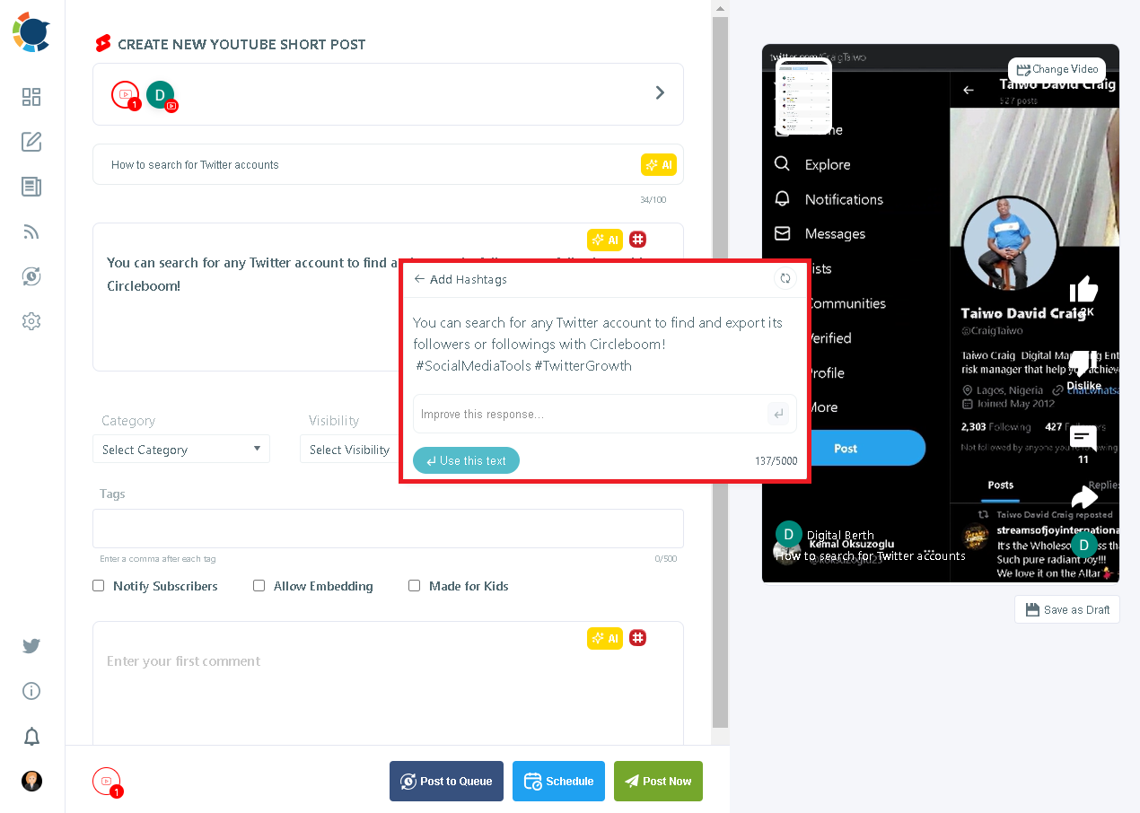 Circleboom helps you find how many hashtags you should use on YouTube Shorts.