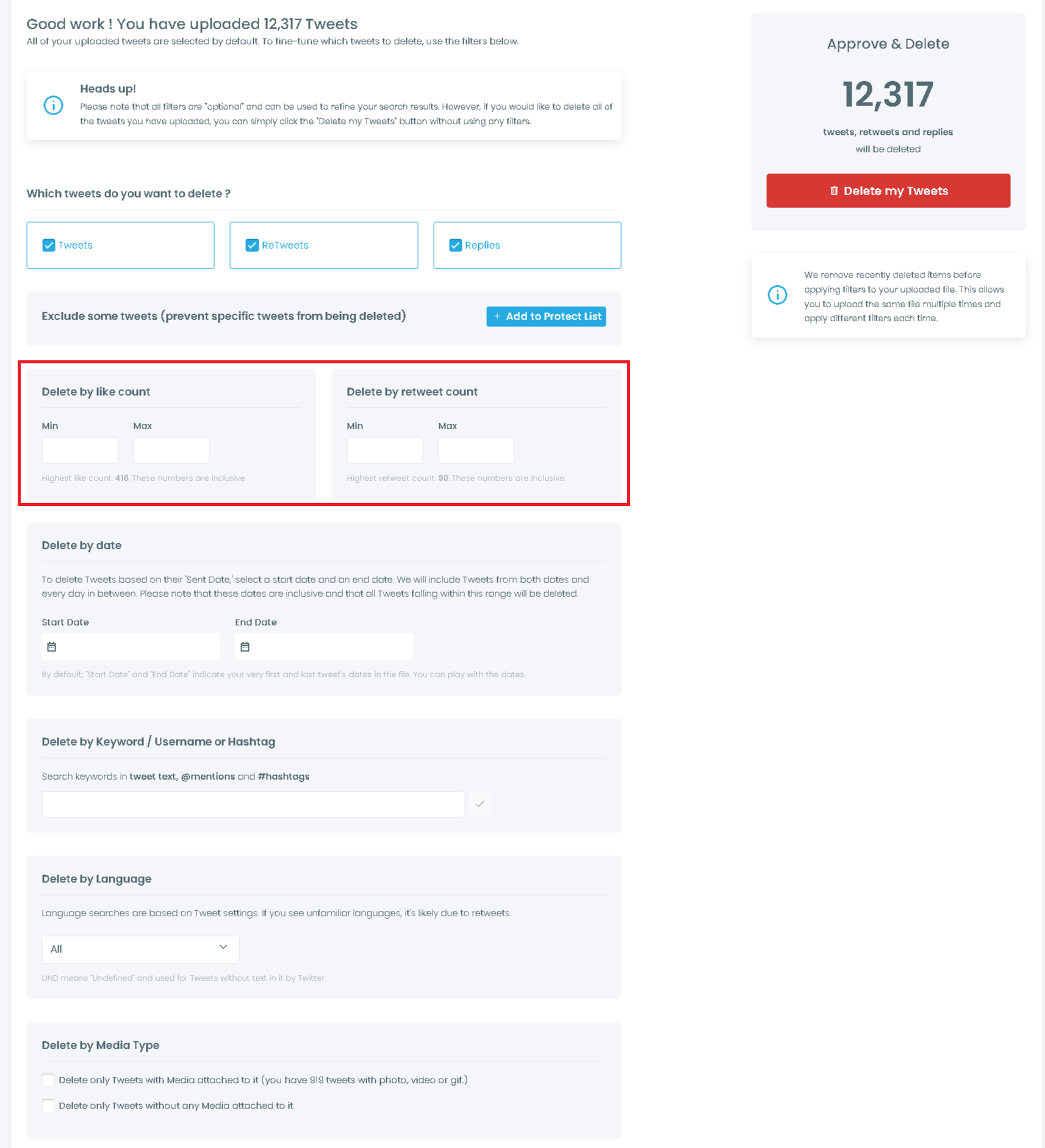Use Circleboom's filters to delete tweets in bulk without losing the top ones.