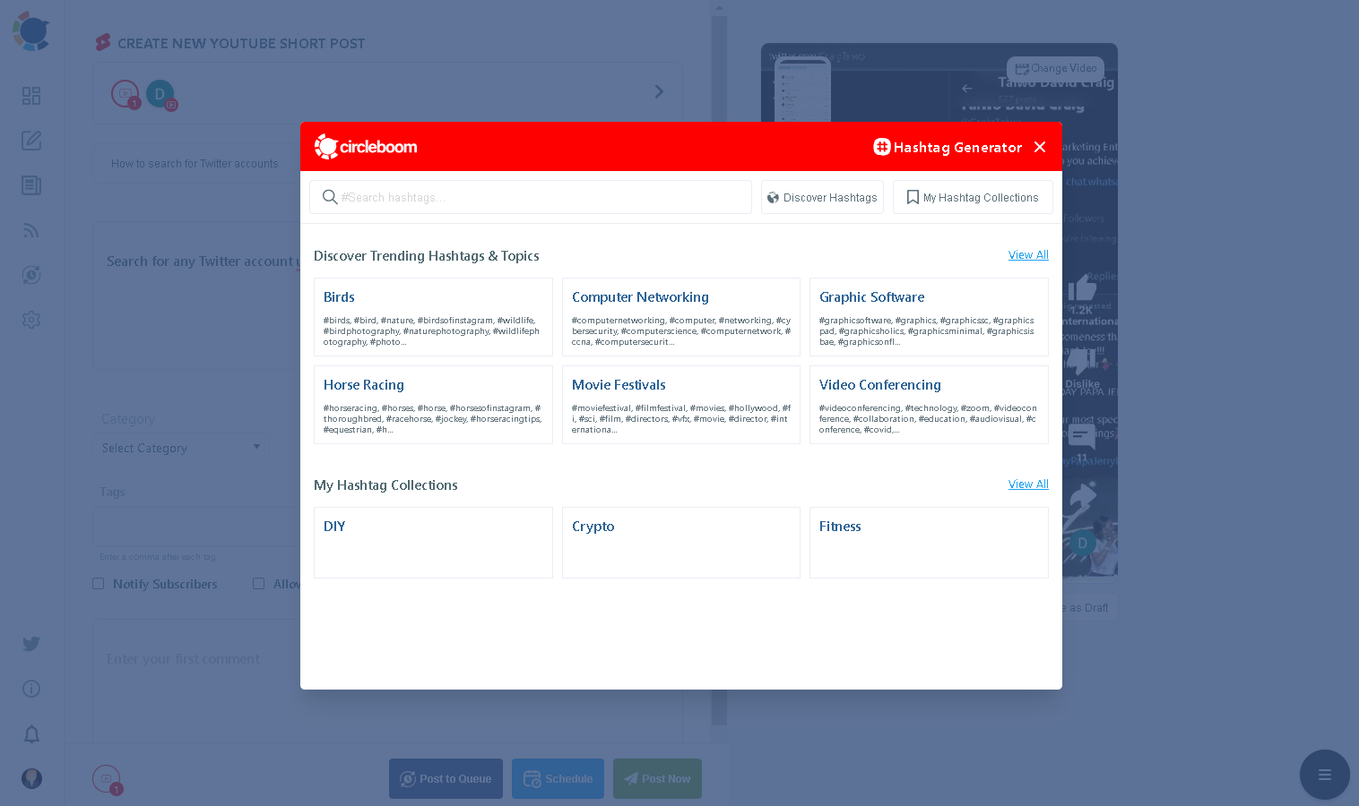 Circleboom offers different ways of finding gym hashtags for YouTube Shorts.