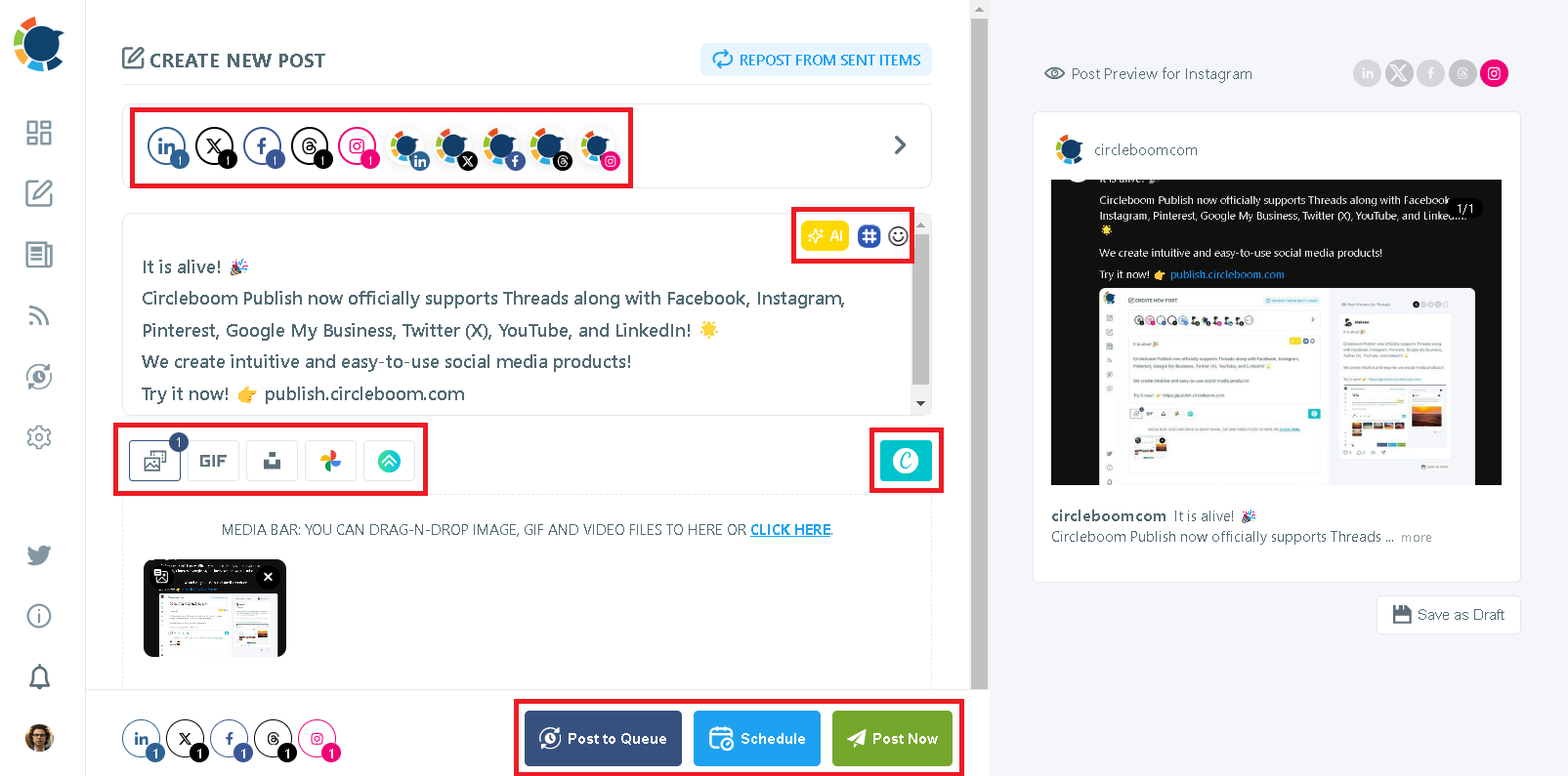 Share Instagram posts on Threads via cross posting feature of Circleboom Publish