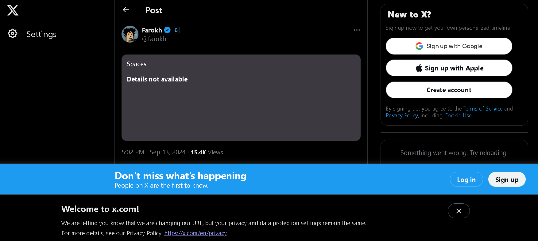 Twitter space on an incognito window