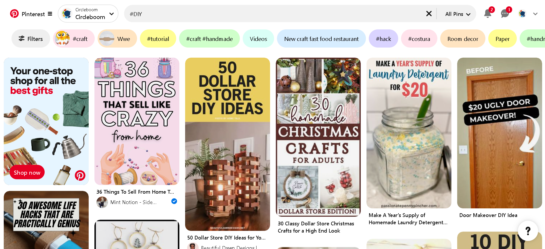 An example search for the Pinterest hashtag "DIY"