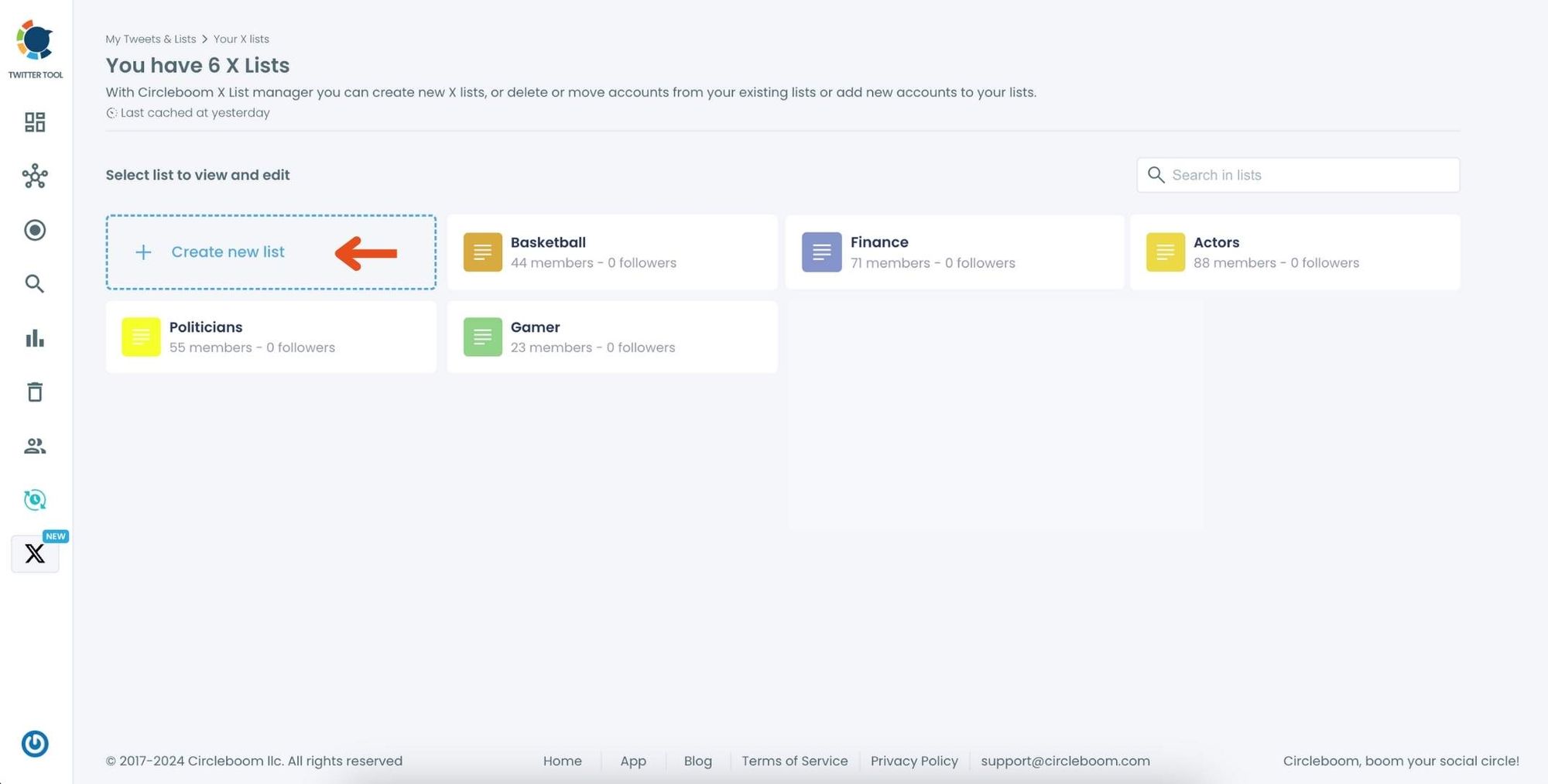 X Lists page showing existing lists and 'Create new list' option.