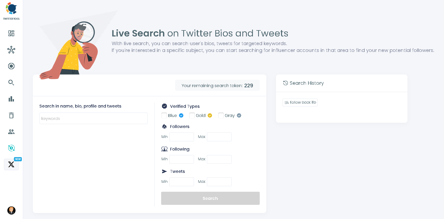 Search for interesting Twitter accounts to follow by keywords