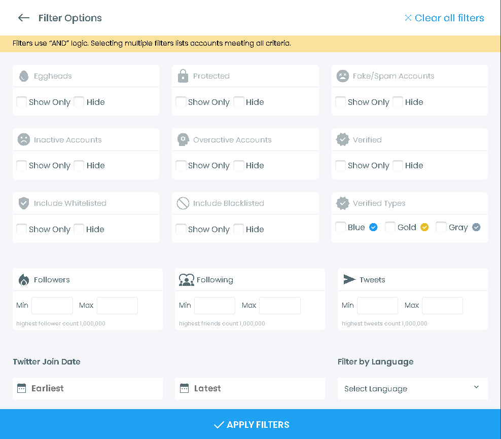 Filter inactive or overactive Twitter accounts